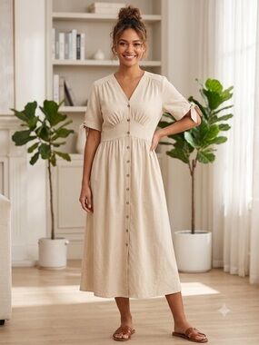 2359 - Amanda Collection Boho V-Neck Button-Front Midi Dress